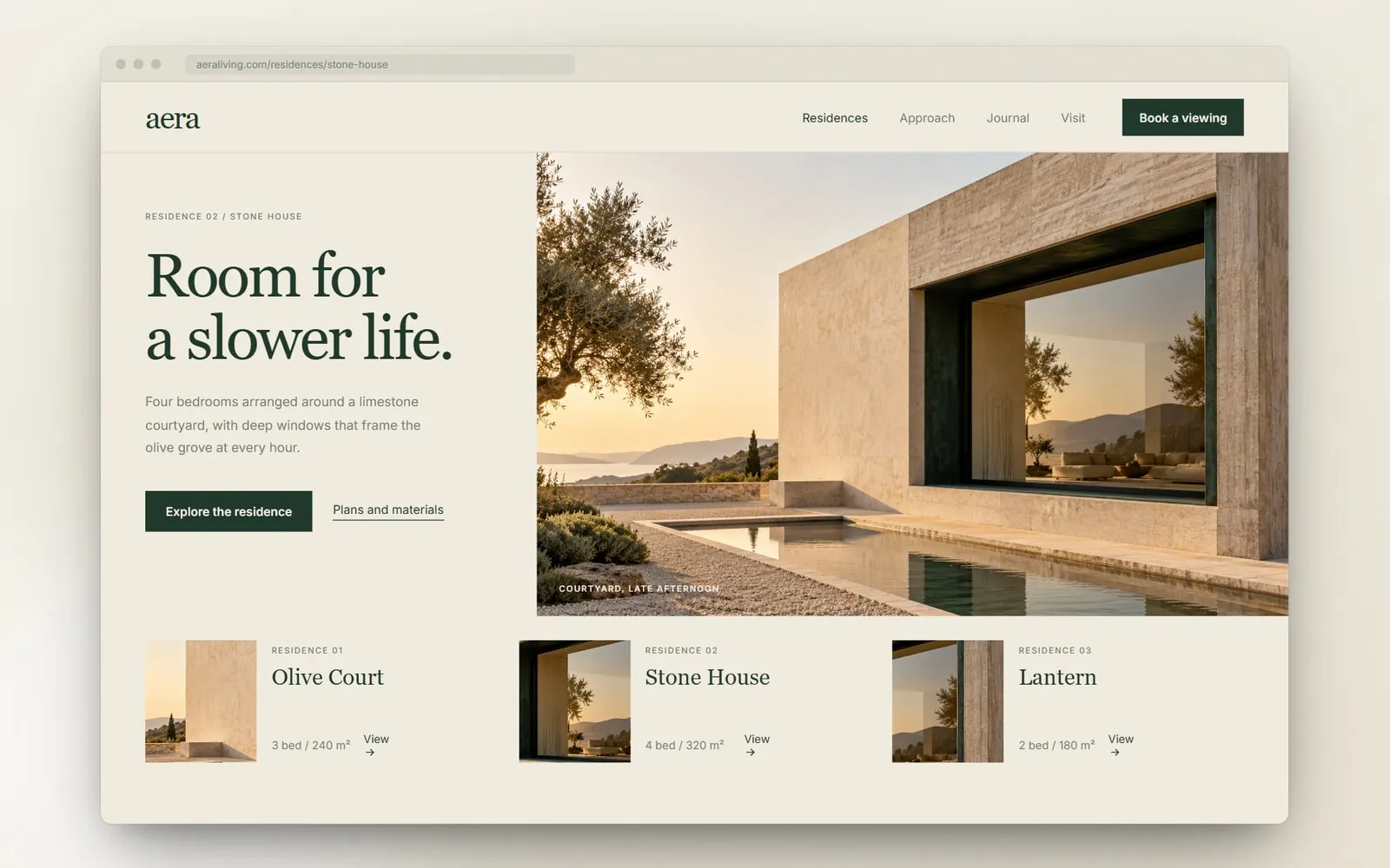 Aera Living desktop interface, residence page