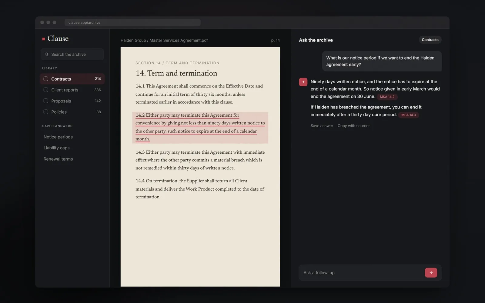 Clause desktop interface, answer with sources