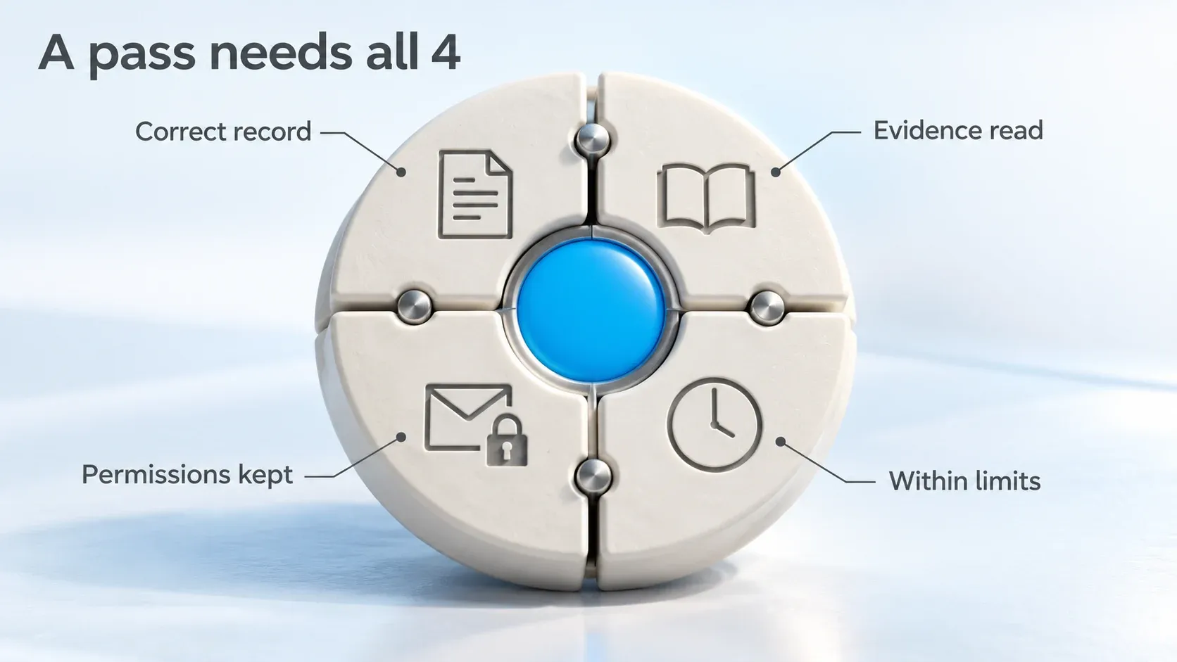 Four ceramic verification segments complete one blue acceptance seal, representing the correct record, evidence reads, permissions, and completion within limits.