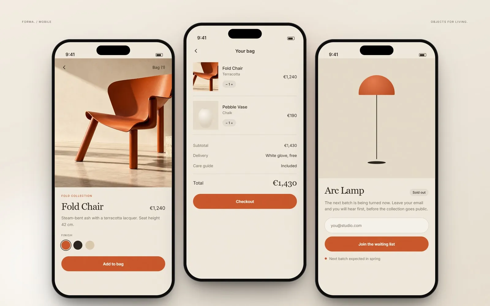 Forma Objects on mobile, product and checkout