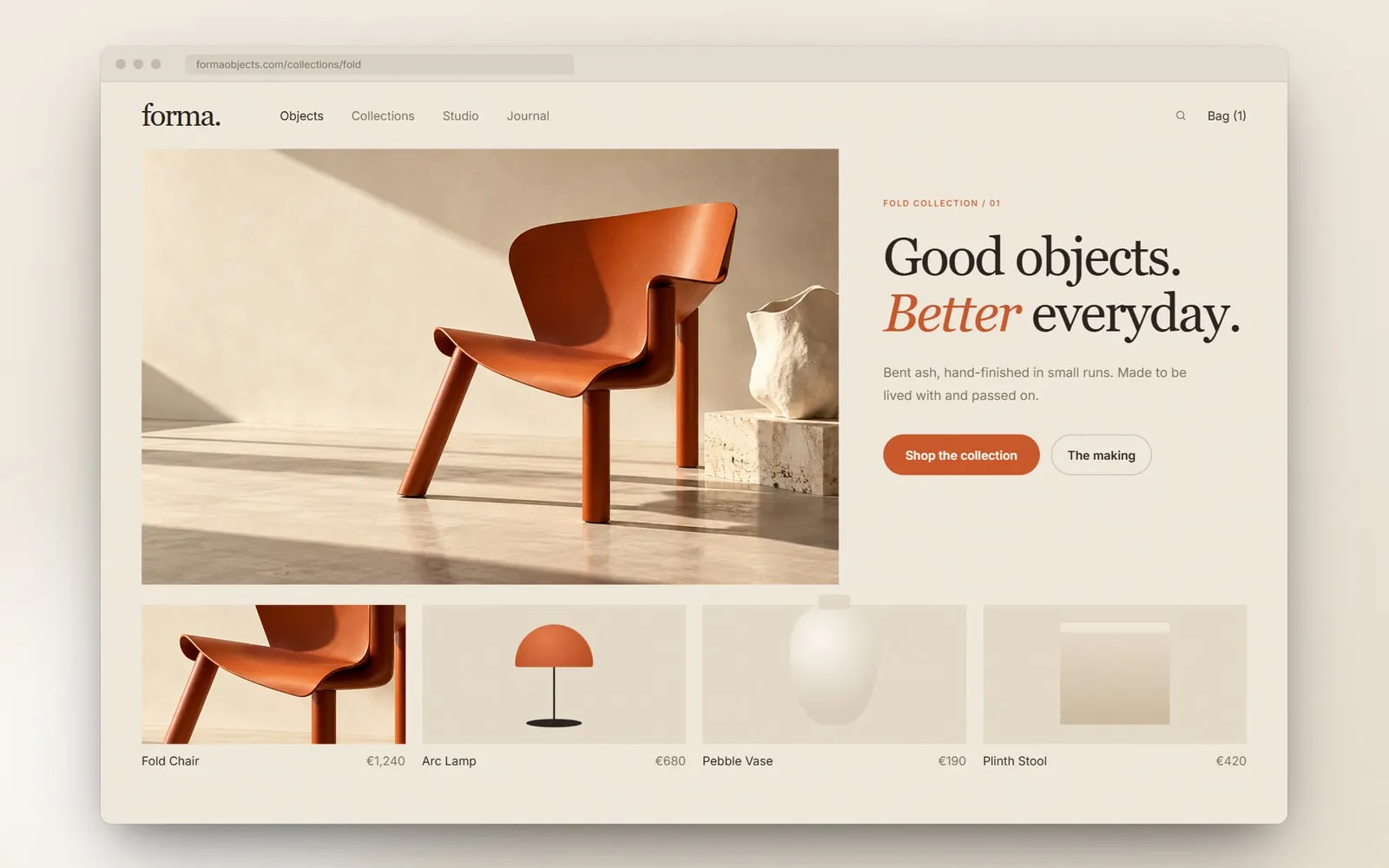 Forma Objects desktop interface, collection page
