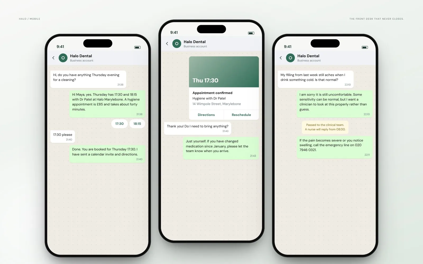 Halo Front Desk on mobile, patient conversation