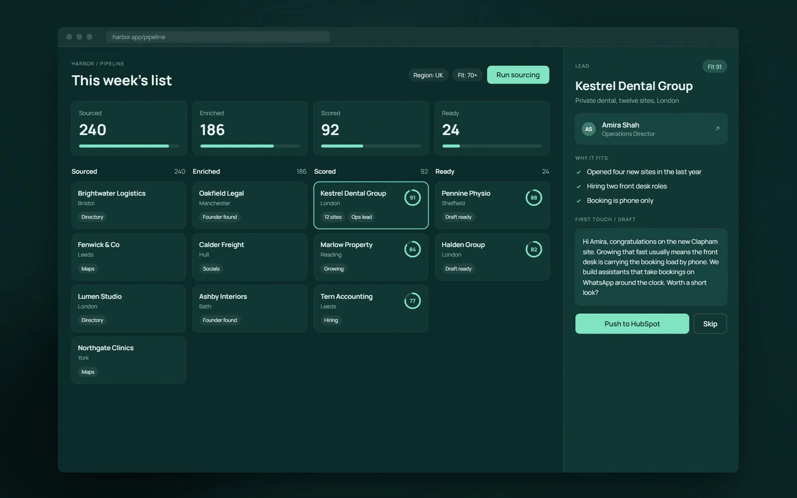Harbor Leads desktop interface, scored pipeline