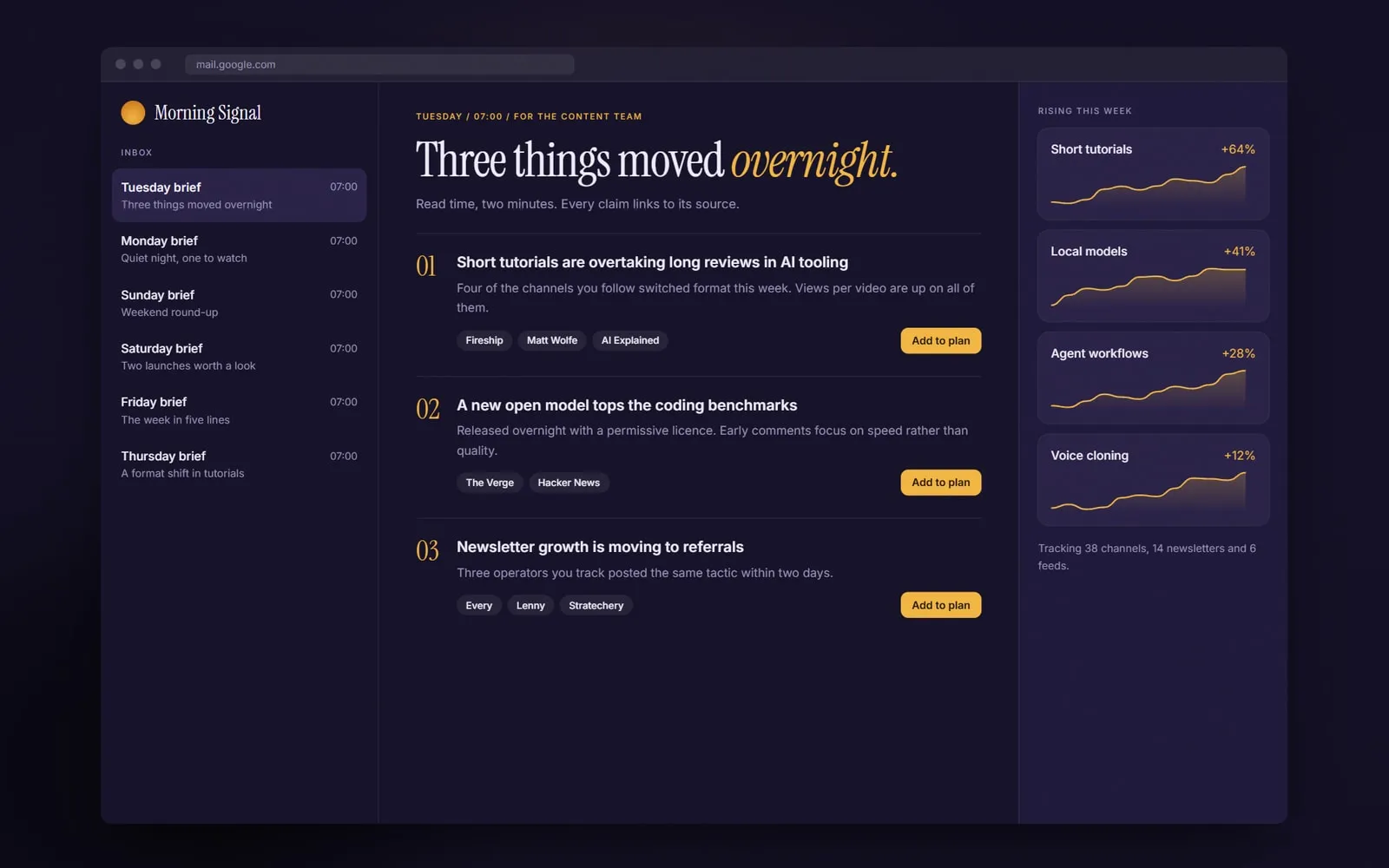 Morning Signal desktop interface, the daily brief