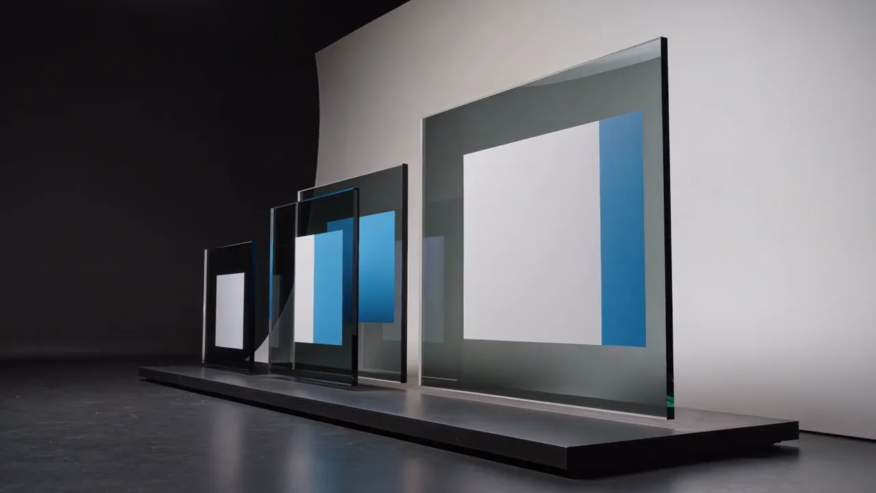 Glass panels standing on a dark plinth in a studio, the sculpture for websites.
