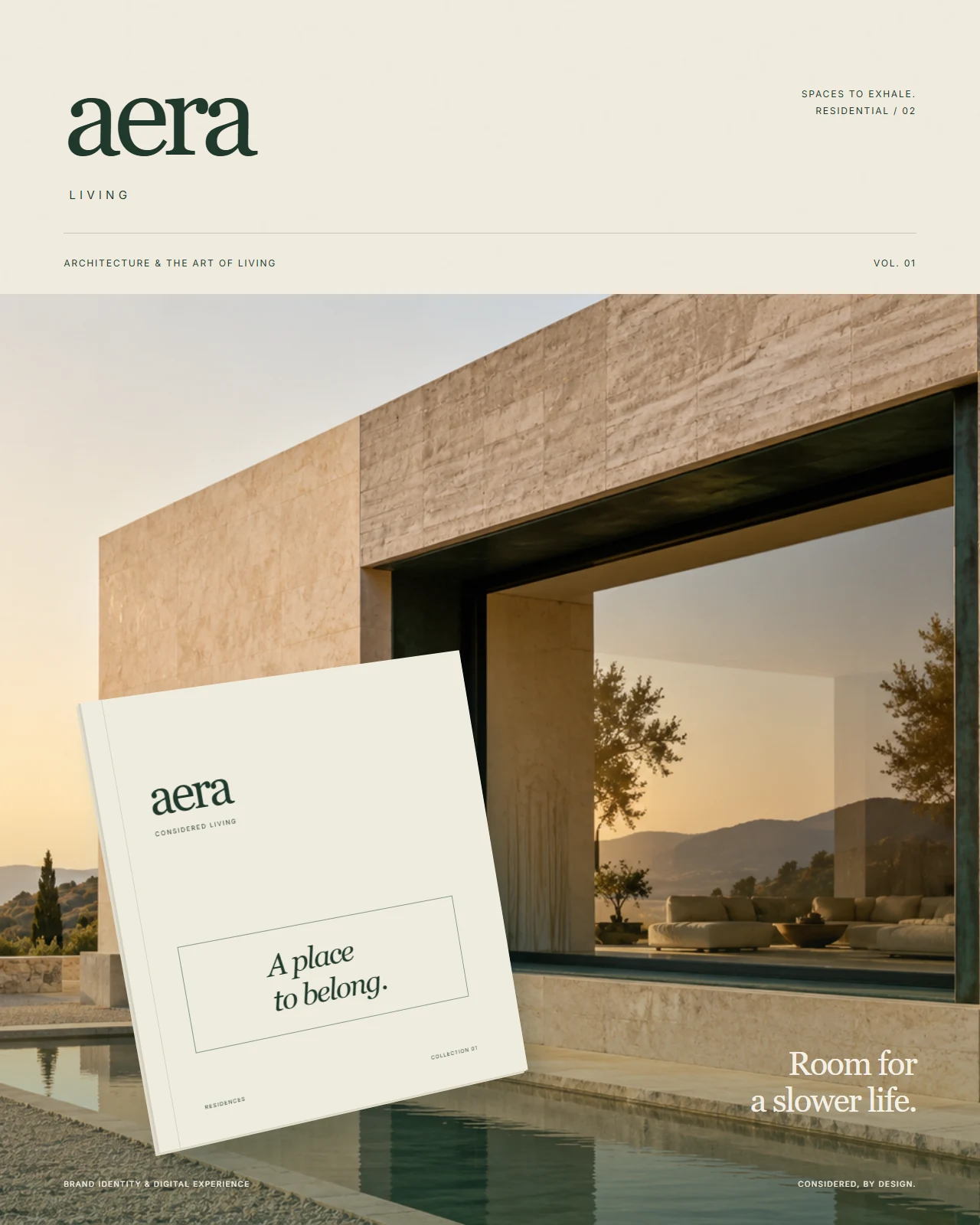 Aera Living concept artwork with architectural imagery, warm ivory and forest-green branding.
