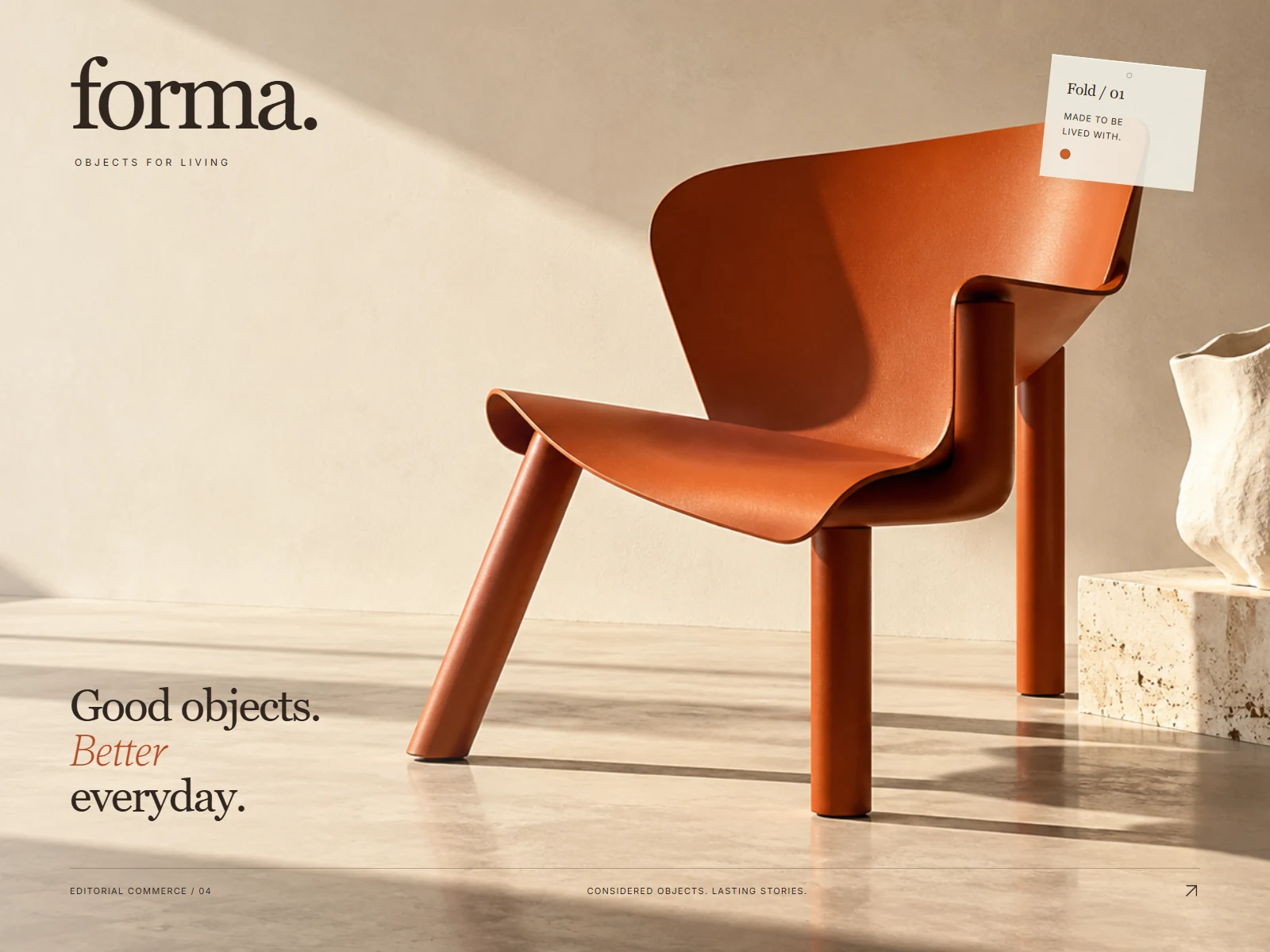 Forma Objects concept artwork with sculptural product imagery, ivory and orange branding.